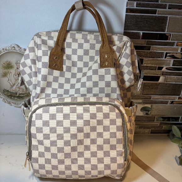 Checkered Diaper Bag/Laptop Backpack for Women Backpack Large Leather - Picture 1 of 11
